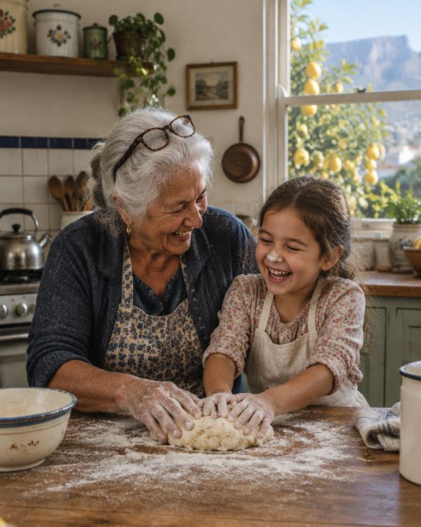 A grandmother and granddaughter baking together in a sunny kitchen
