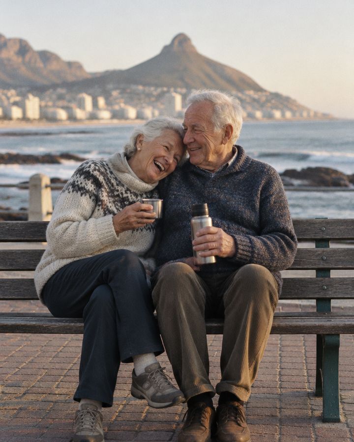 An older couple laughing together on a bench on the Sea Point promenade