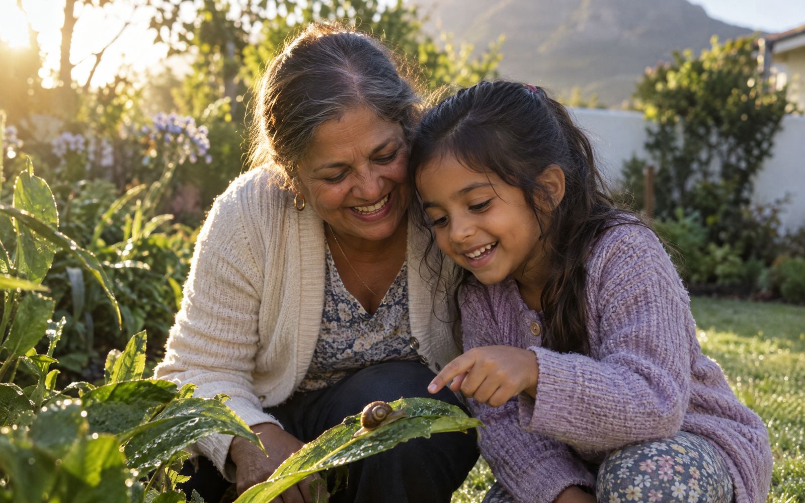 A grandmother and her granddaughter looking at a snail on a leaf in a sunlit garden