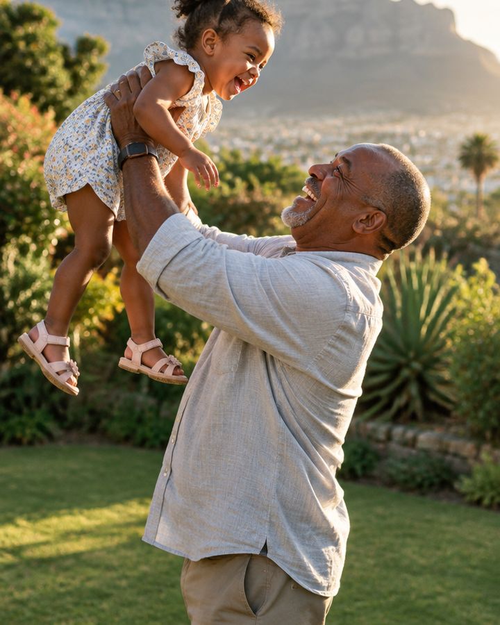 A grandfather lifting his granddaughter high in a garden, Table Mountain behind