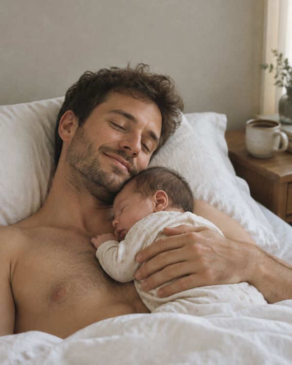 A father asleep with his newborn on his chest