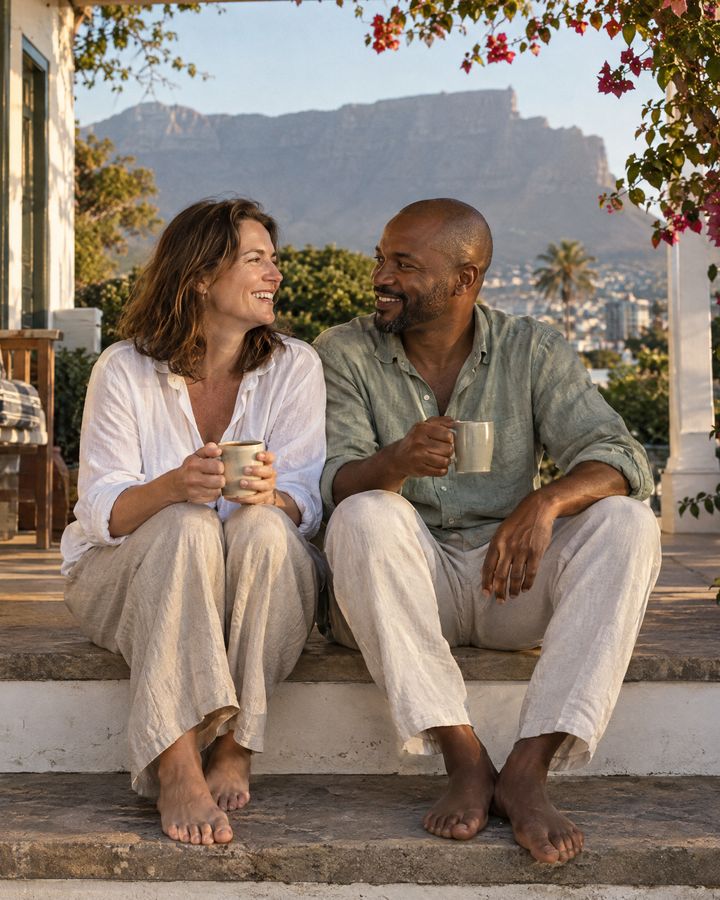 A couple sharing coffee on a stoep in the sun