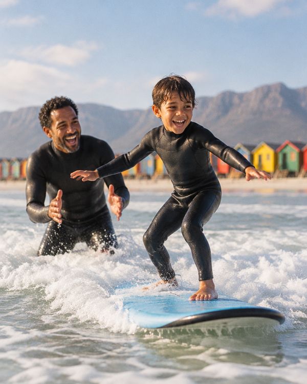 A father teaching his son to surf at Muizenberg
