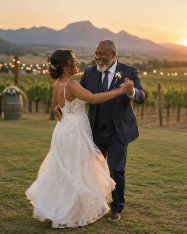 A father dancing with his daughter on her wedding day in the winelands