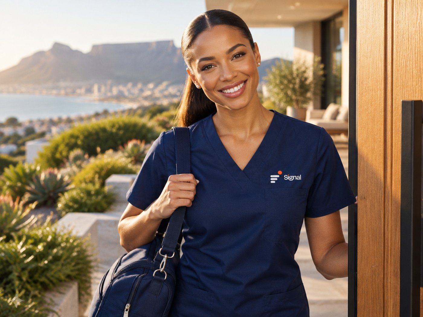 A smiling Signal nurse arriving at a Cape Town front door