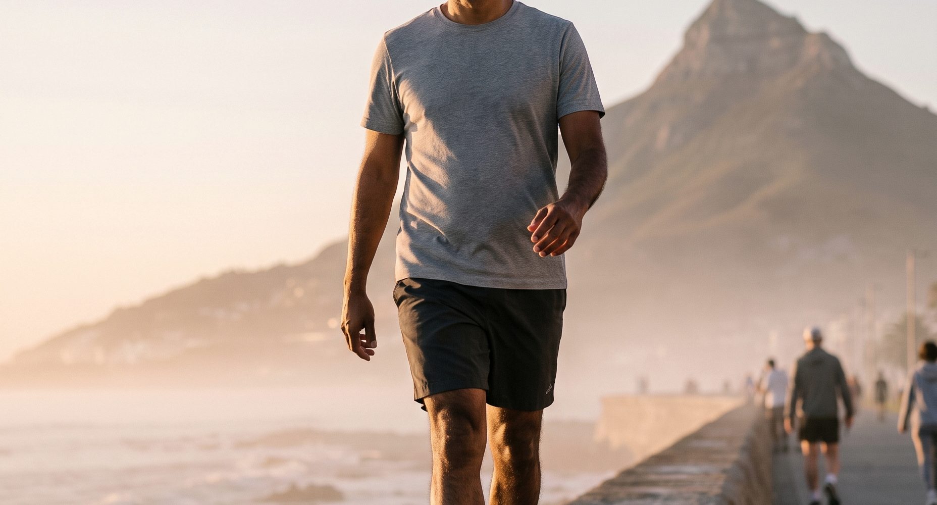 A man walking along the Sea Point promenade at sunrise with Lion's Head behind him