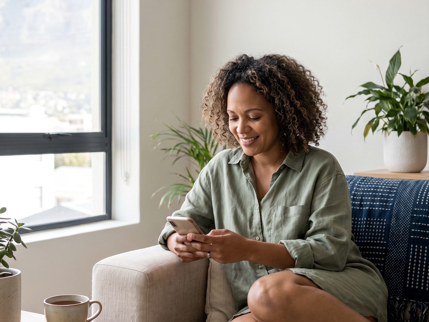 A client reading her Signal report on her phone at home